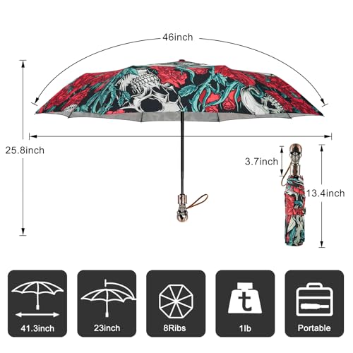 Skull Handle Windproof Travel Umbrella Compact Portable, Auto Open Close | Luxury Gothic Skull Grip with One-Touch Automatic Open, Wind Resistant and Sturdy for Rain, Lightweight to Carry Daily - color: 01.Rose