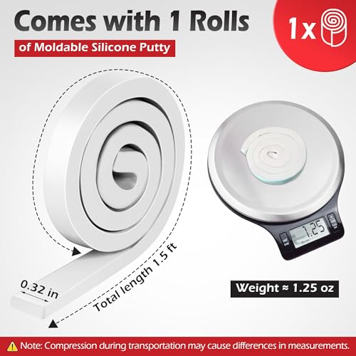 1 Pack Moldable Silicone Putty 1.5 ft x 0.32 in White | Non Hardening Multi Purpose Duct Seal for Metal, Glass, Wood, Ceramic, Crafts, Heat Resistant and Waterproof - color: White