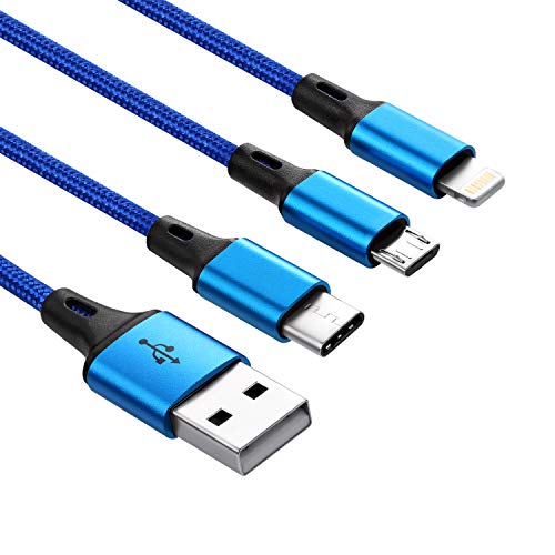 IFLASH 3in1 MicroUSB/Type C Cable, 3 in 1 Multi USB Charging Short Travel Size 8” Keychain Cord for Samsung Galaxy S10 S9 S8, Android Smartphones,iPhone 17 16 15 14 13 XS MAX XR X 8 7 Plus (Blue) - color: Lightning + TYPE C + Micro (Blue)