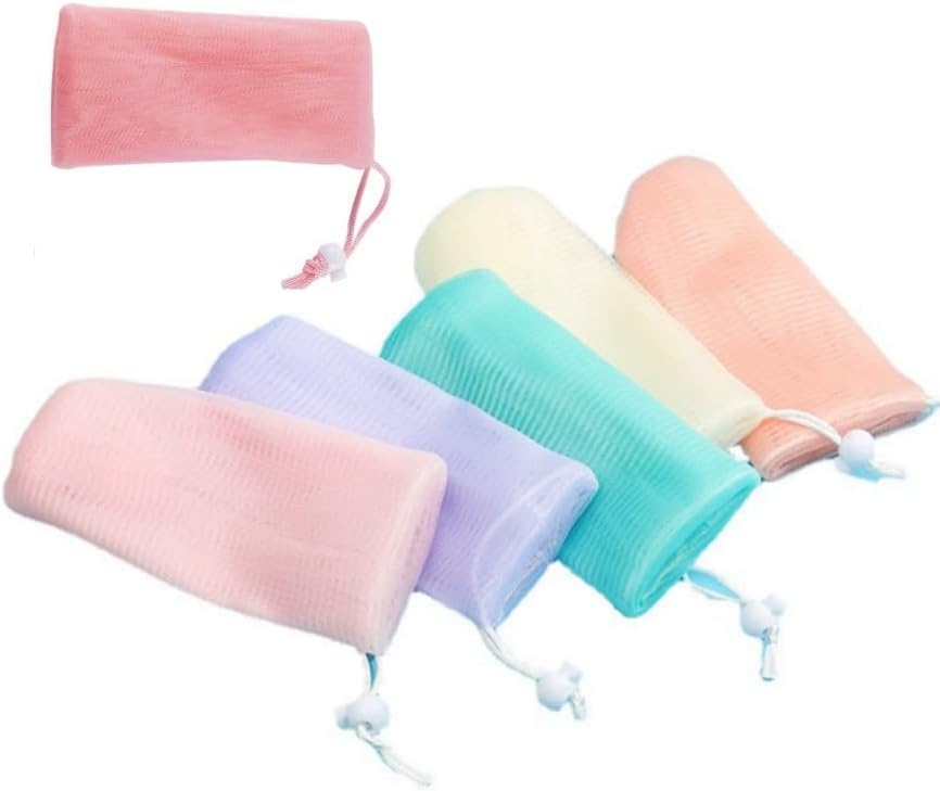 6Pcs Random Color Exfoliating Mesh Soap Pouch Bubble Foam Net Bag for Body Facial Cleaning Tool,for Shower Saver Pouch Drawstring Foaming Net Soap Bag Used Repeatedly Easy to Store Cleansers