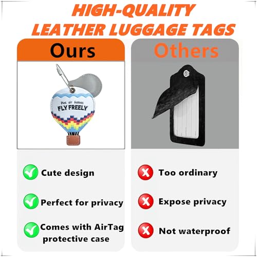 PU Leather Luggage Tag with Airtag Holder Case Set and Name ID Label - color: Blue Balloon A