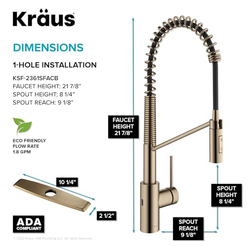 KRAUS Oletto Touchless Sensor Commercial Pull-Down Single Handle Kitchen Faucet with QuickDock Top Mount Assembly in Spot Free Antique Champagne Bronze, KSF-2631SFACB - color: Spot-Free Antique Champagne Bronze, style: Touchless Commercial Style