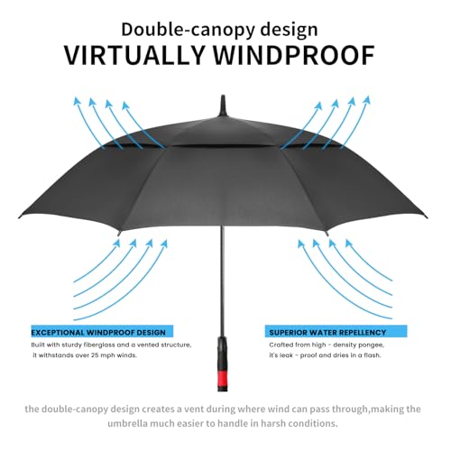 62/68/72 Inch Large Golf Umbrella Windproof Waterproof Auto Open | Oversized Double Canopy Vented, 210T Waterproof Pongee Fabric, Light Fiberglass Frame, Unique Red Foam Handle - color: Black-Red Handle, size: 62"