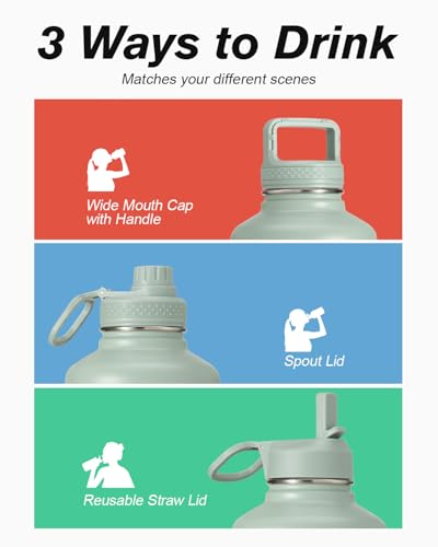 Coolflask 32 oz Water Bottle Insulated with Straw & 3 Leakproof Lids - color: Grey Green, size: 32 Ounces