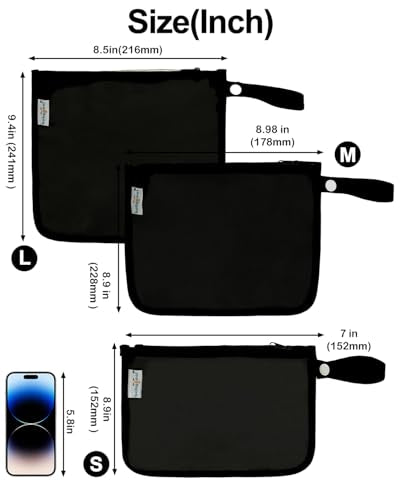 babygoal TSA Approved Black Clear Travel Organizer Bags 3 Pack | Water Resistant Fabric, Dual Inner Pockets, Detachable Snap Handle, Secure Zipper Closure Storage Pouches - color: Black