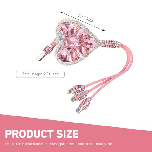 3-in-1 Car Retractable Multi Charging Cable, Rhinestone Heart Data Sync & Fast Charger with Lightning/Micro/Type-C USB Connectors for Most Phones (Pink) - color: Pink