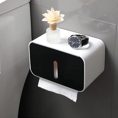 Outdoor Waterproof Toilet Paper Holder for Bathroom - Pet Proof Plastic TP Tissue Holder Dispenser Full Covered Adhesive Mounted Box for RV Shower TP Roll