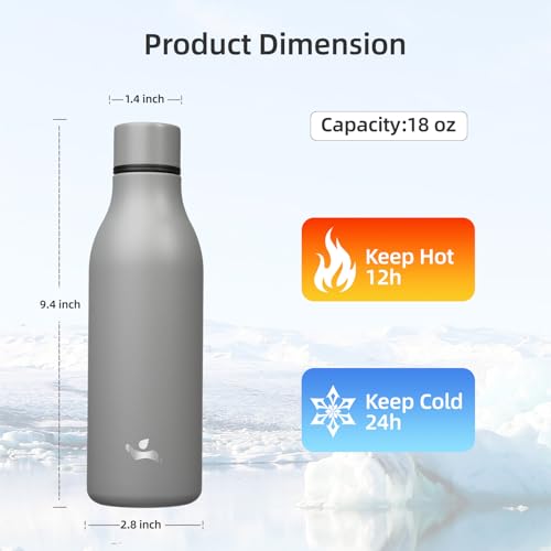 Konokyo 18 oz Insulated Stainless Steel Metal Water Bottle with Strap - color: Gray, size: 18 Ounces