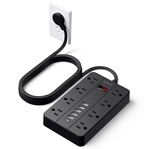 Power Strip 10Ft, Flat Plug Extension Cord with Multiple Outlets | 8 Widely Spaced Outlets 6 USB (1 USB C Port), Wall Mount Charging Station for Home and Office, Black - color: Black, size: 10FT