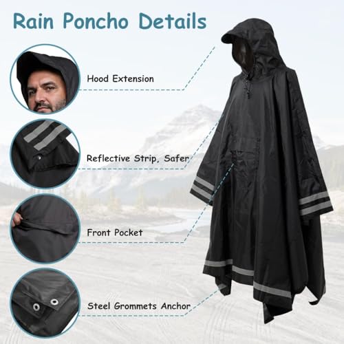 Plus Size Rain Poncho with Hood and Reflective Stripes, Big and Tall Rain Poncho, Ideal as Rain Ponchos for Adults - color: Black