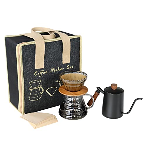 SOTECH Pour Over Coffee Maker Set with Black Gooseneck Kettle Wooden Storage Tray Coffee Dripper Glass Server Coffee Scoop DIY Manual Coffee Maker Set (Portable Sack Set) (coffee maker set) - color: coffee maker set
