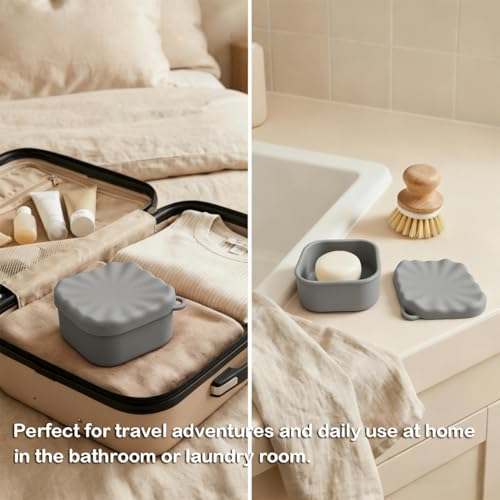 Silicone Travel Soap Case, Leak Proof Soap Dish Holder with Drainage, Shower Container for Kitsch Shampoo Bars & Standard Soaps Traveling Accessories for Gym Camping (Grey, Square) - color: Grey