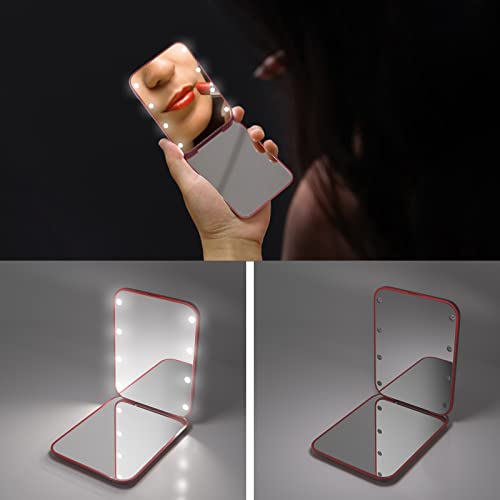 Kintion Pocket Mirror, 1X/3X Magnification LED Compact Mirror (Wine Red) - color: Wine Red