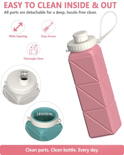 BEAUTAIL Collapsible Water Bottles 21oz/610mL, Silicone Travel Water Bottle - color: Pink