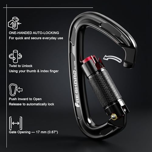 FresKaro UIAA Certified 25KN Auto Locking Climbing Carabiner Clips, Twist Lock, and Heavy Duty Carabiners for Rock Climbing, Rappelling, and Mountaineering, D Shaped - color: 3PCS-25KNA