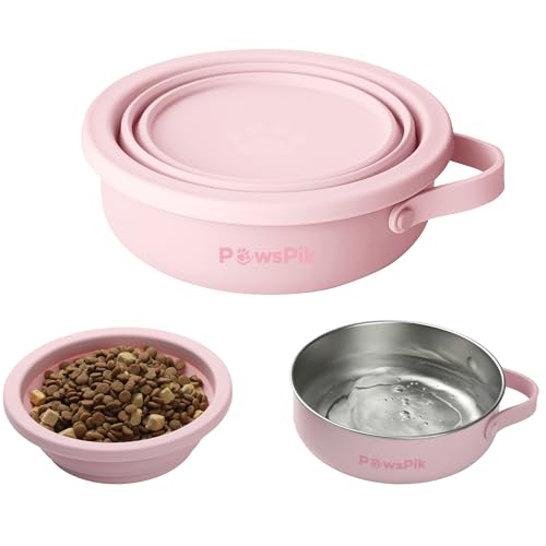 PawsPik 2-in-1 Travel Dog & Cat Bowl – Collapsible BPA-Free Silicone - color: Cherry Blossom Pink