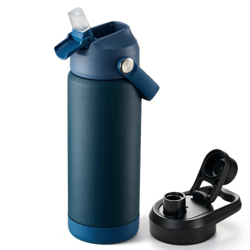 Fijinhom 18 oz Insulated Water Bottle with 2 Lids, Stainless Steel Water Bottles, Double Wall Vacuum, Portable Handle & Non-slip Bottom, BPA Free Leak Proof Metal Bottles, Keep Cold 24H, Dark Blue - color: Dark Blue, size: 18 Ounces
