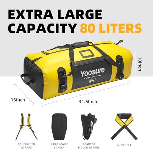 80L Waterproof Duffel Bag Motorcycle Dry Bag Backpack, Waterproof Zippered Bags with Backpack Spacer Pad for Kayaking Rafting Boating Canoeing Camping Paddle Beach (Yellow) - color: Yellow