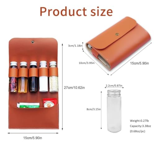 BY-J Camping Spice Kit with 5 Jars, Foldable Leather Spice Holder Seasoning Storage Bag, Condiment Container Set for Outdoor Picnic BBQ, Waterproof Travel Seasoning Container, Brown - color: SK0325-Brown