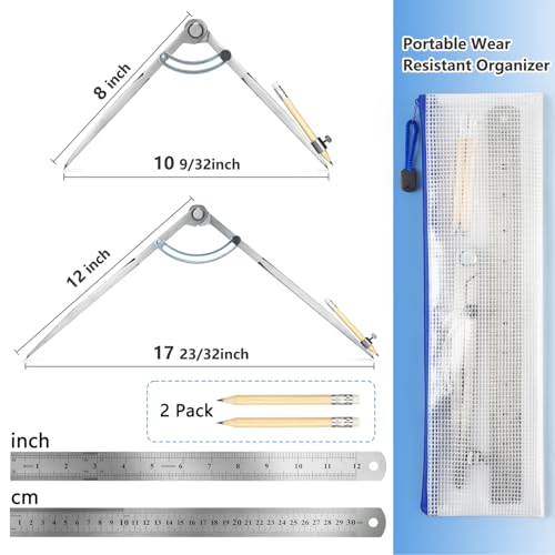 Woodworking Compass Geometry Set - Large Locking Pencil Compass for Drawing Circles, Professional 8 Inch Woodworking Compass with 2 Pencils and a 12inch Ruler, Perfect for Precision Geometry. - size: 8 Inch