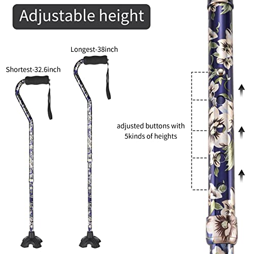 Elegant Walking Cane for Women, Foldable & Adjustable Cane for Seniors with Self-Standing Tip | Lightweight Mobility Aid for Stability & Balance Support - color: Blue and white floral printed
