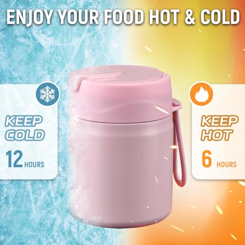 Pawtong 17oz Soup Thermo for Hot Food Kids Insulated Vacuum Food Jar with Stainless Steel Spoon Wide Mouth Thermo Leakproof Lunch Food Container Kids Hot Lunch Box (Pink-Rainbow) - color: Pink-Rainbow