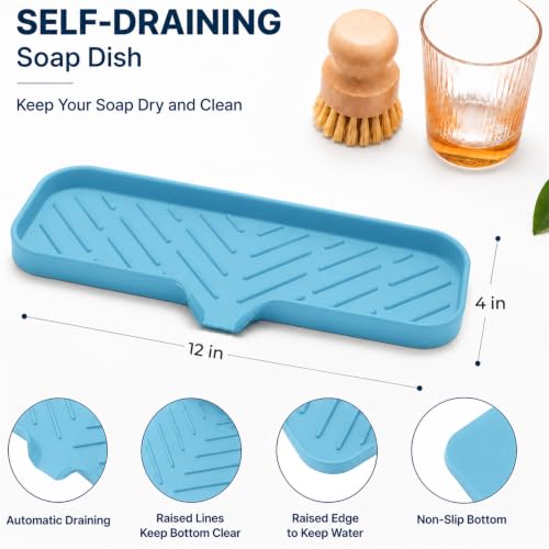 MicoYang Silicone Soap Dish with Drain Spout — Self-Draining Double Sink Organizer Tray for Kitchen & Bath, Dispensers, Sponges & Soap Holder, Non-Slip & Dishwasher Safe, Light Blue (Large, 12"×4") - color: Light Blue, size: L(12"×4")