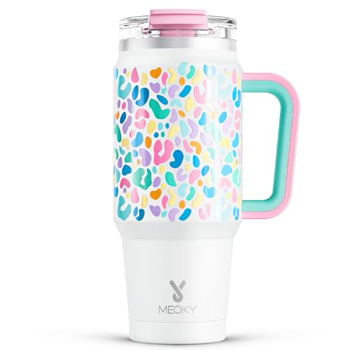 Meoky 32 oz Tumbler with Handle, Insulated Tumbler with Lid and Straw, Stainless Steel Travel Mug, Keeps Cold for 24 Hours, 100% Leak Proof, Fits in Car Cup Holder (Leopard) - color: Leopard, size: 32 Ounces