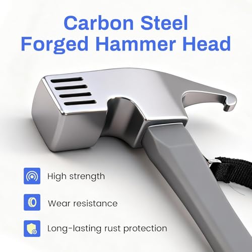Camping Hammer with Tent Stake Remover, 12" Heavy Duty Steel Tent Mallet Rubber Covered Anti-Slip Handle & Holding Strap Multi-Functional for Camping, Backpacking, Hard Places (Black) - color: Black