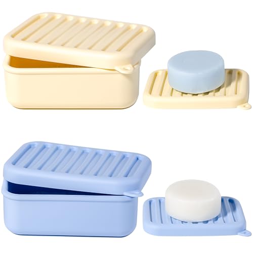 2PC Portable Leakproof Travel Soap Case, Silicone Travel Soap Case, Compact Soap Holder with Drainage Layer, Travel Soap Holder for Camping, Gym, Outdoor (Blue&Yellow) - color: Blue&yellow