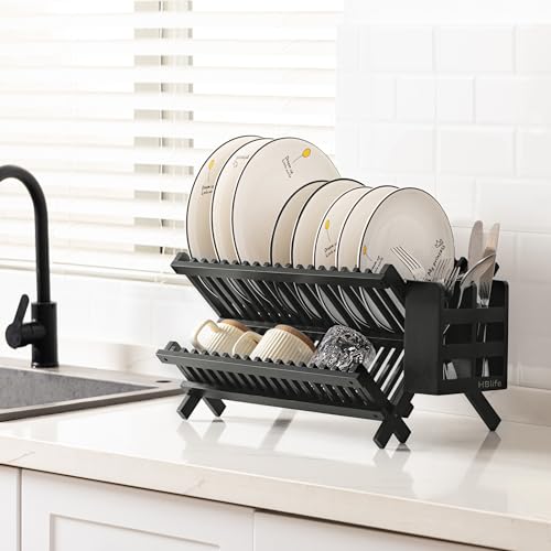 HBlife Dish Rack, Bamboo Folding 2-Tier Collapsible Drainer Dish Drying Rack with Utensils Flatware Holder Set (Dish Rack with Utensil Holder) - color: Bamboo-black-2 Tiers