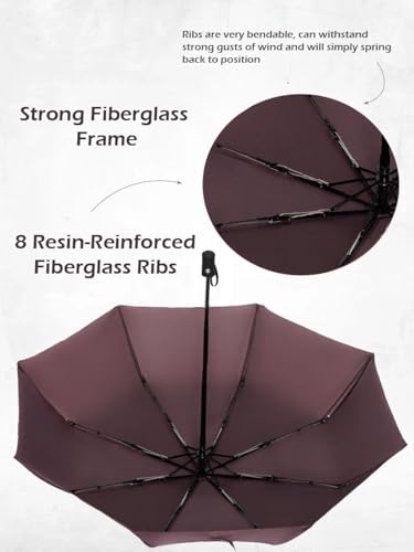 Windproof Travel Umbrella - Compact, Light, Full Automatic Open/Close - Folding Backpack Umbrella for Rain & Sun UV Preotection For Men & Women, Unbreakable 8 Fiberglass Ribs UK Design - color: Brown