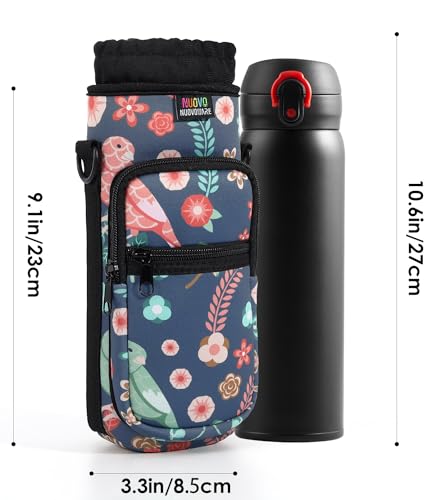 Nuovoware Water Bottle Carrier Bag, 750ml Bottle Pouch Holder, Adjustable Shoulder Hand Strap 2 Pocket Sling Neoprene Sleeve Sports Accessories for Hiking Travelling Camping, Green Bird+Blossoms - color: Green Bird+Blossoms, size: 25-32 Ounces - Standard