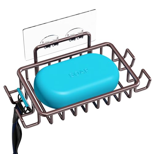 Nieifi Bar Soap Holder for Shower Wall, Adhesive Soap Dish for Bathroom | Stainless steel, razor holder, 4 hooks, soap dish for shower, wall mounted, soap caddy, sponge holder, rustproof, brown - color: Brown, size: 1 Pack