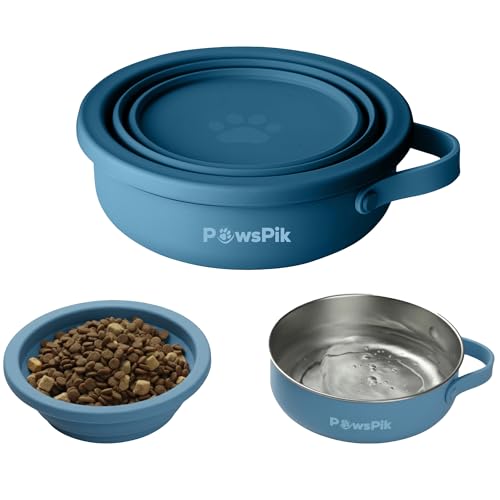 PawsPik 2-in-1 Travel Dog & Cat Bowl – Collapsible BPA-Free Silicone - color: Midnight Summit Blue