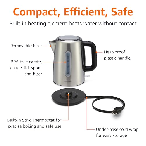 Amazon Basics Electric Stainless Steel Kettle for Tea and Coffee, BPA-Free, Fast Boiling, Auto Shut-Off, Boil-Dry Protection, 1.7 Liter, 1500W, Black and Silver - size: 1.8 Quarts, style: Stainless Steel