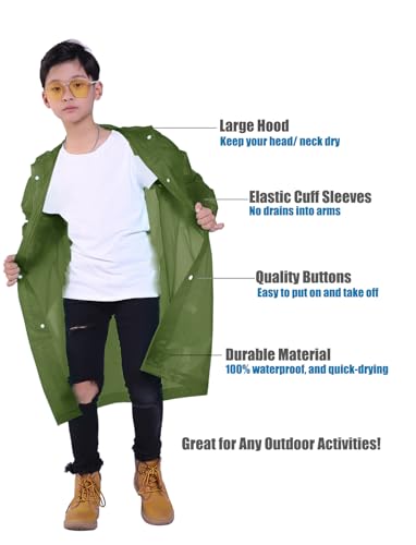 Kids Rain Jacket, 2 Pack Rain Ponchos for Kids - Reusable Raincoats for Boys and Girls Waterproof Outdoor Rain Gear - color: N: Olive + Gray
