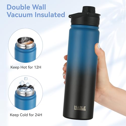 HASLE OUTFITTERS Insulated Water Bottle 22 oz Double Wall Stainless Steel Water Bottle Wide Mouth with Straw Lid & Spout Lid Keeps Cold or Hot(Blue Black Gradient,1) - color: Blue Black Gradient, size: 22 Ounces