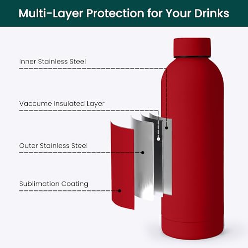 NOBL Stainless Steel Insulated Water Bottle 17 Oz, Leak Proof, Cherry Red | Double Wall Vacuum Insulation Keeps Drinks Cold 24 Hrs, Hot 12 Hrs, 500 Ml Sealed Thermo Bottle Fits Carry-on Cup Holder - color: Cherry Red