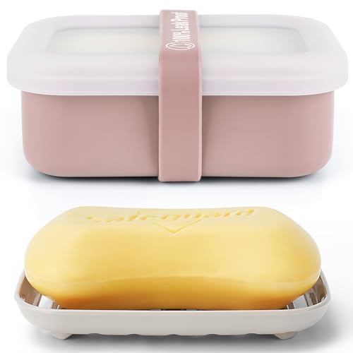 Compact Leakproof Travel Soap Case with Lid & Silicone Strap - Portable Draining Soap Bar Holder for Gym, Bathroom, Camping - Lightweight Silicone Soap Dish Container (Pink) - color: Pink