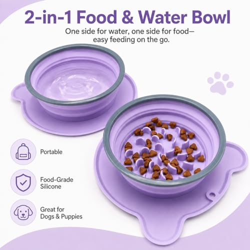 Collapsible Dog Bowls, 2-in-1 Silicone Pet Food and Water Bowl with Carabiner - Portable Double Compartment Travel Dish for Dogs, Ideal for Camping, Hiking, Car Rides, Puppy Essentials (Purple) - color: Purple