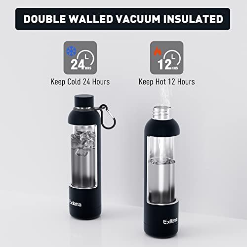 Exllena Slim Insulated Water Bottles for Travel 25oz with Clip, Double Wall Vacuum Stainless Steel Water Bottle Keeps Drinks Cold 24 Hrs/Hot 12 Hrs, 100% Leakproof, BPA Free(Black) - color: Black, size: 25.4 Ounces