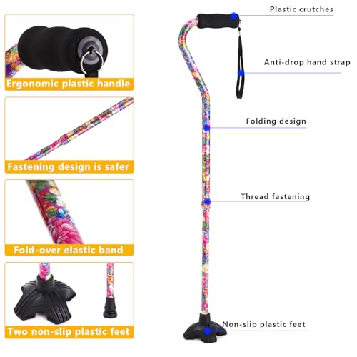 Elegant Walking Cane for Women, Foldable & Adjustable Cane for Seniors with Self-Standing Tip | Lightweight Mobility Aid for Stability & Balance Support - color: Pink Flower