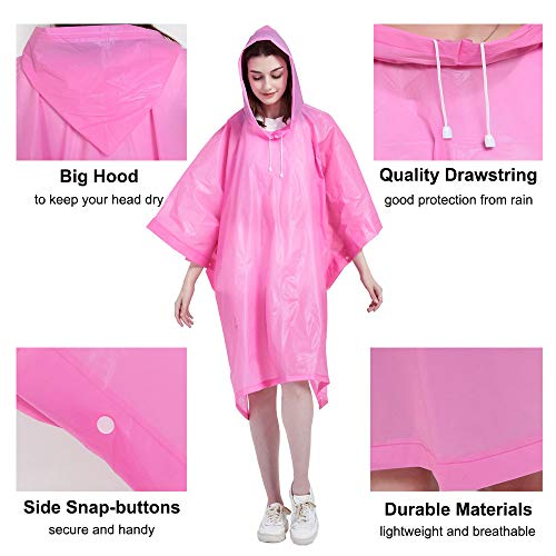 HLKZONE Rain Ponchos for Adults, [Pack of 2] Portable EVA Rain Coat Rain Jacket Reusable Raincoats with Drawstring Hood - color: D-rose