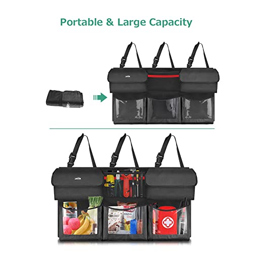 Oasser Trunk Organizer for Car, 6 Storage Compartments 43.3x19in | Clear PVC Pockets, 600D Oxford Cloth, 3 Adjustable Straps, Foldable, for SUV MPV VAN - size: Regular-43.3x19in