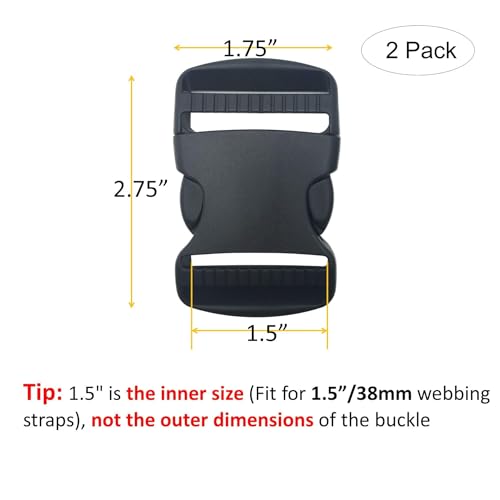 2 Set 1.5” Flat Dual Adjustable Plastic Buckles & Tri-glide Slides | Quick Side Release Buckles for Luggage Straps, Pet Collar, Backpack Repairing (Black, Fit For 1.5 Inch/38mm Webbing Straps)