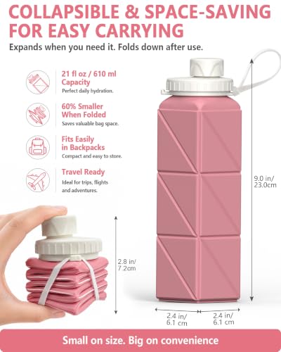 BEAUTAIL Collapsible Water Bottles 21oz/610mL, Silicone Travel Water Bottle - color: Pink