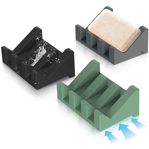 Silicone Soap Dish Set,3PCS Self Draining Soap Holder for Bar Soap | Self draining silicone soap dish with drainage,waterfall design keeps bar soap dry,extended soap holder for shower,bathroom - color: 1gray,1black,1green