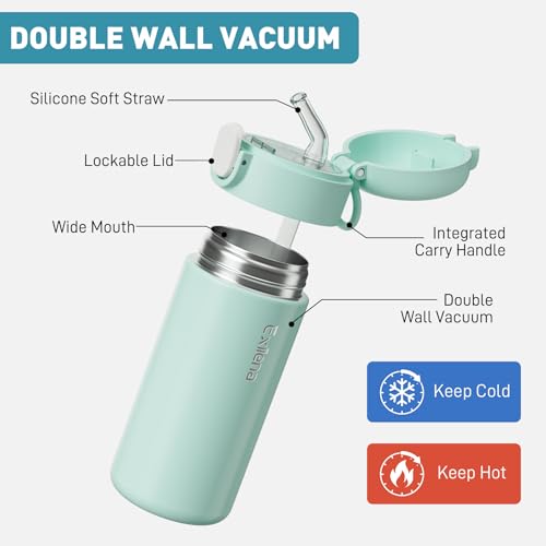 Exllena 10oz Small Insulated Water Bottle with One-Touch Soft Straw Lid, Double-Wall Vacuum Small Travel Water Bottle for Cold&Hot Drinks–Leak-Proof, Mini Flask for Handbag, Yoga, Sport(Mint) - color: Mint