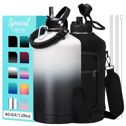 1 Gallon Water Bottle Insulated - 128 oz Water Jug with Straw Spout Lid, Paracord Handle, Carrying Bag, Protective Cup Mat, Big Stainless Steel Water Bottles, Metal Canteen for Camping Sports Gym - color: Day / Night, size: 128 Ounces